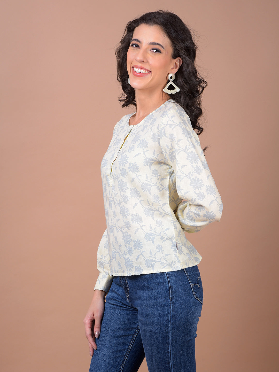 Yellow Floral Print Linen Top