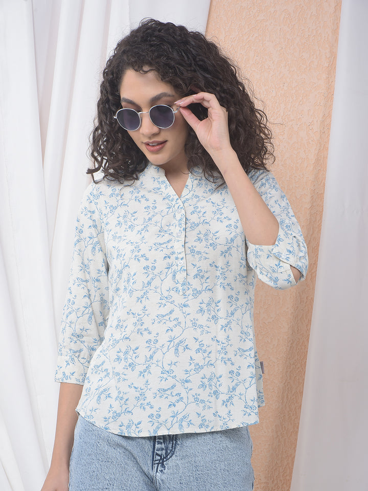 Aqua Blue Floral Printed Boxy Linen Top