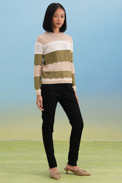 Olive Layered Color-Block Winter Pullover