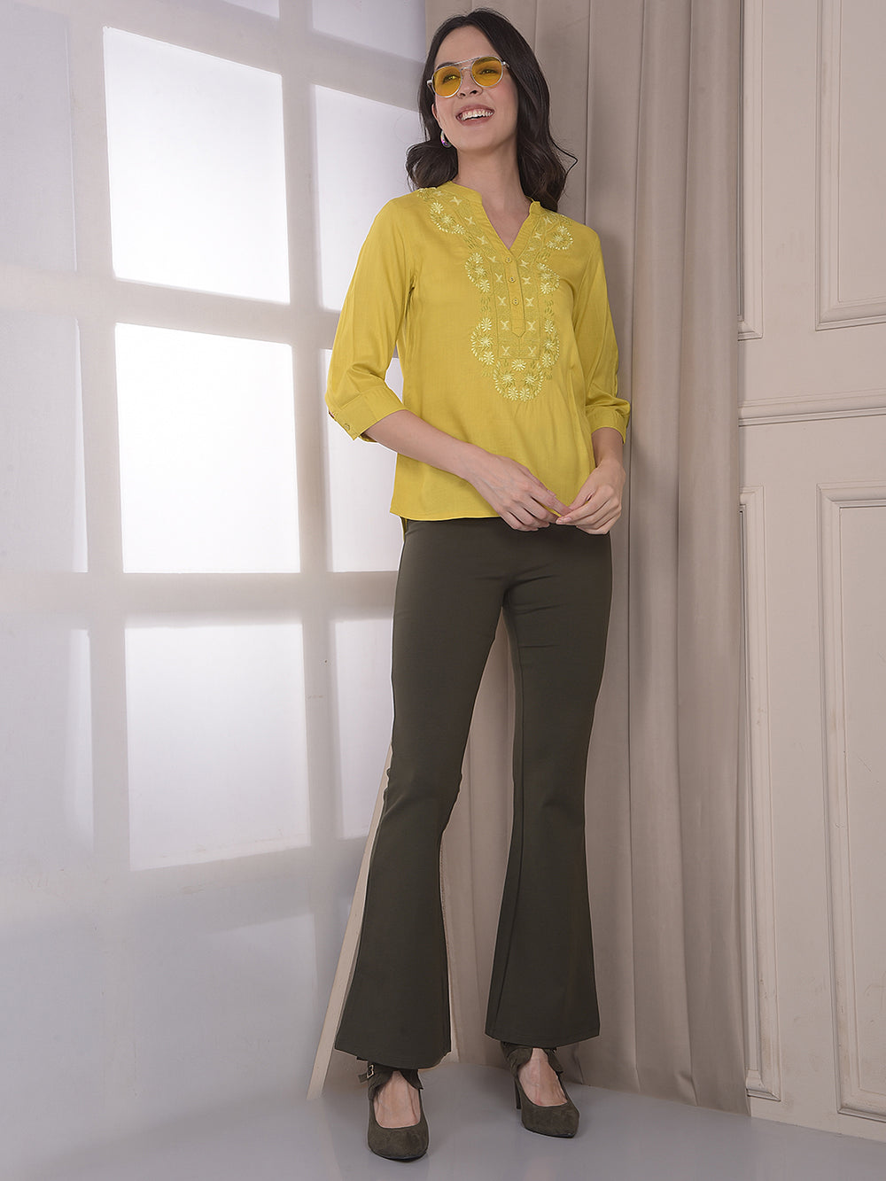 Mustard Embroidered V-Neck Top