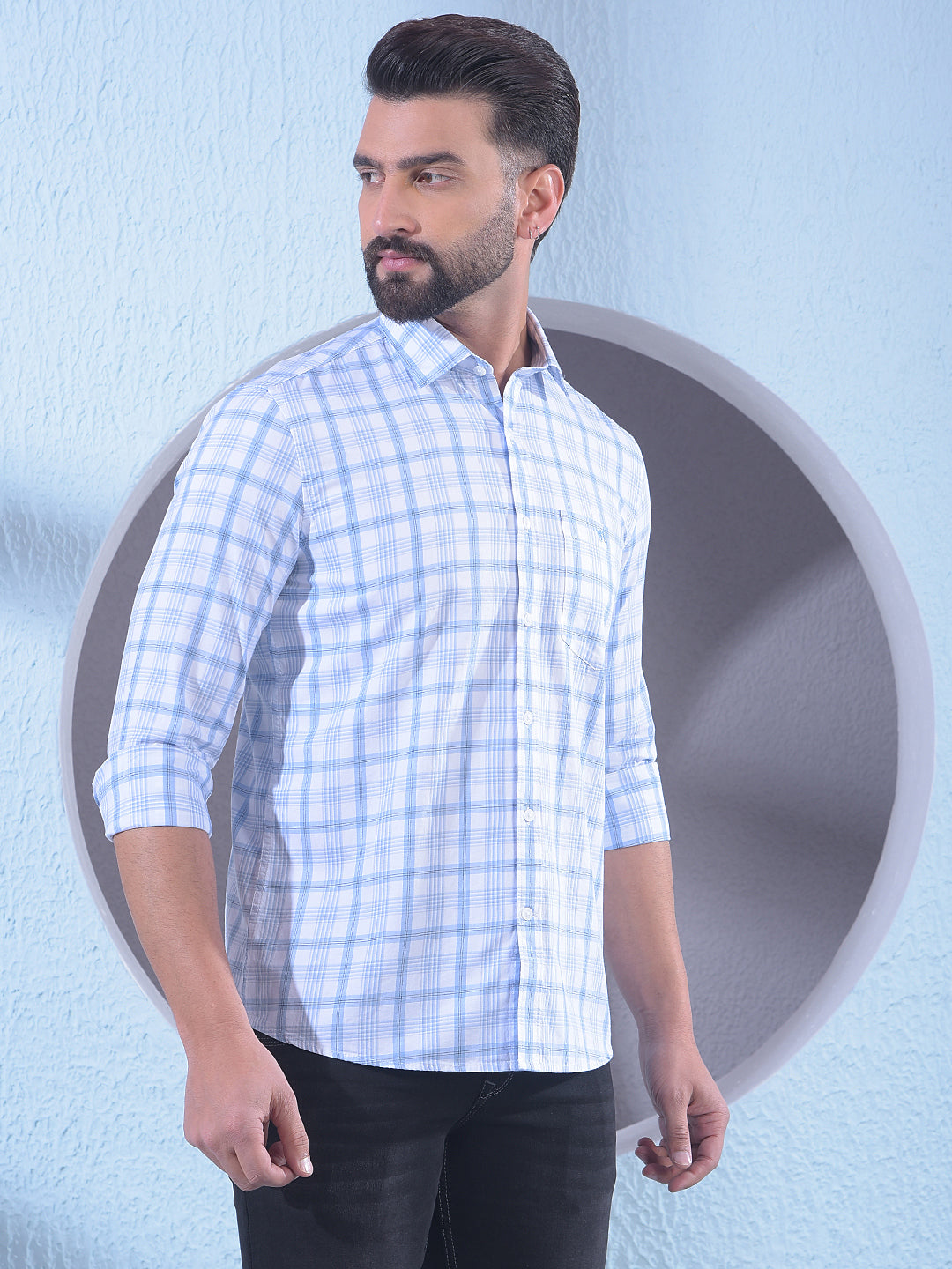 Blue 100% Cotton Checked Shirt