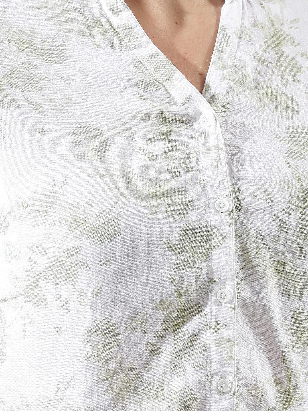Green Floral Print V-Neck Linen Shirt