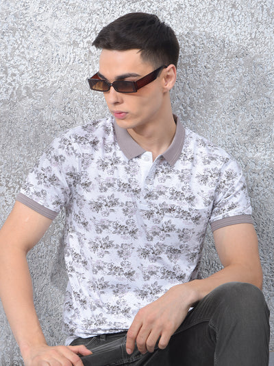 White Floral Print Polo Neck T-Shirt