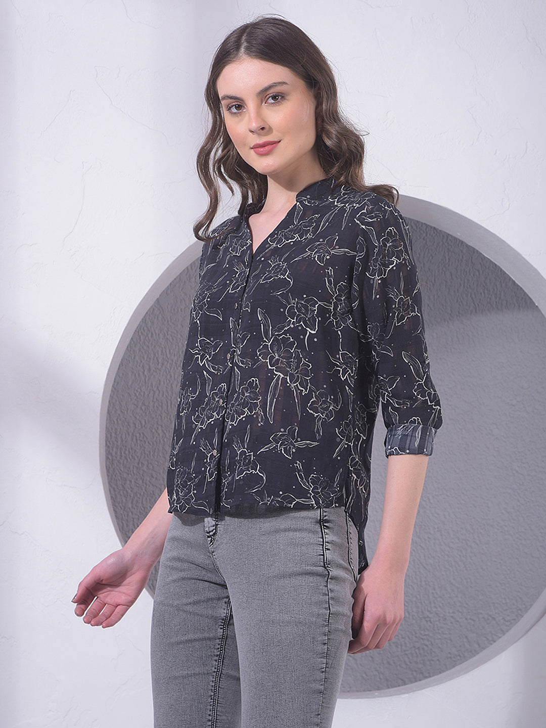 Black Floral Print V-Neck Shirt