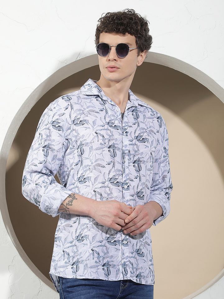 Blue Floral Print Linen Shirt