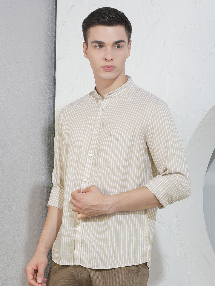 Beige Vertical Stripes Mandarin Neck Linen Shirt
