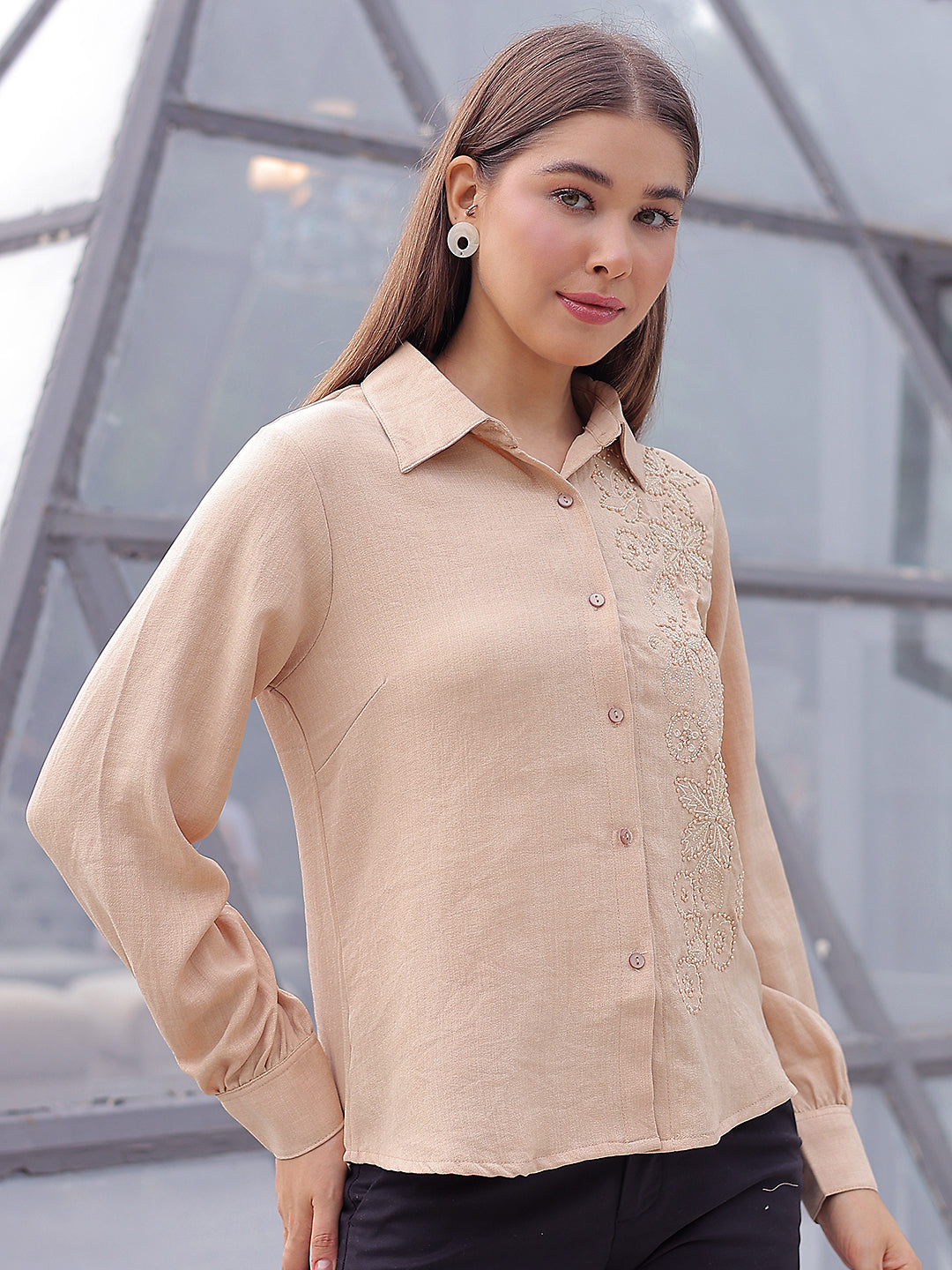 Beige Floral Embroidered Shirt