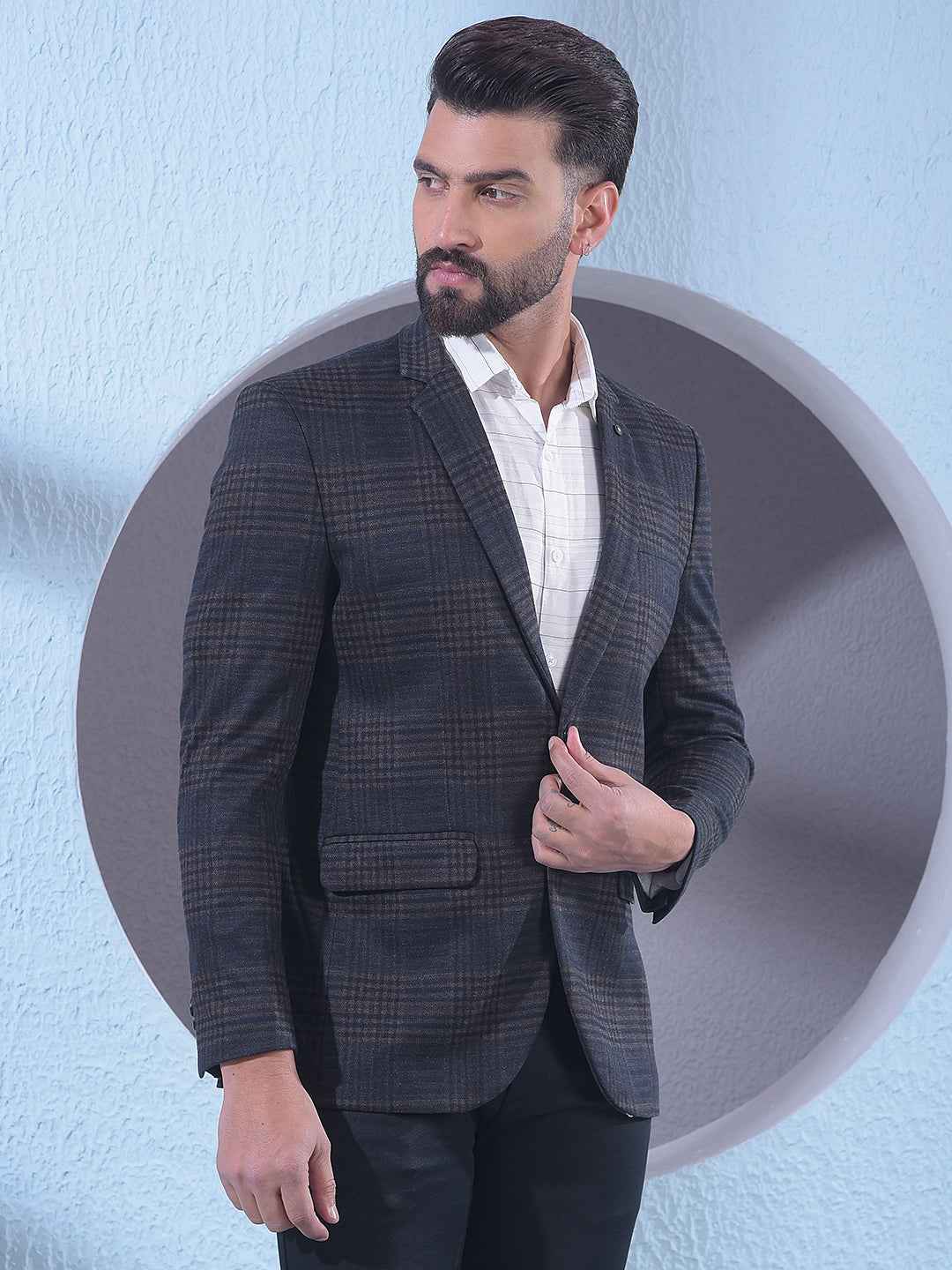 Brown Checked Notched Lapel Single Breasted Blazer