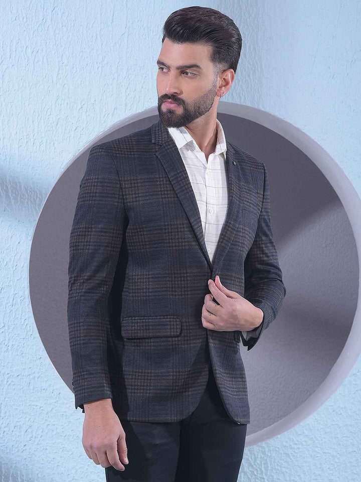 Brown Checked Notched Lapel Single Breasted Blazer