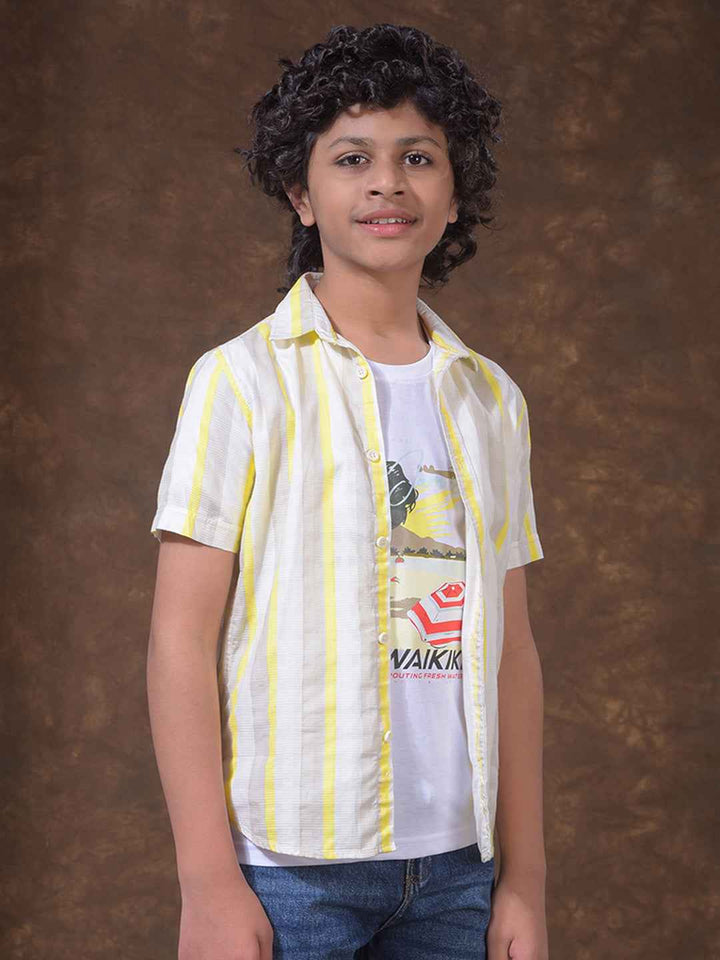 Yellow 100% Cotton Vertical Striped Shirt & Tee Set Layered Look