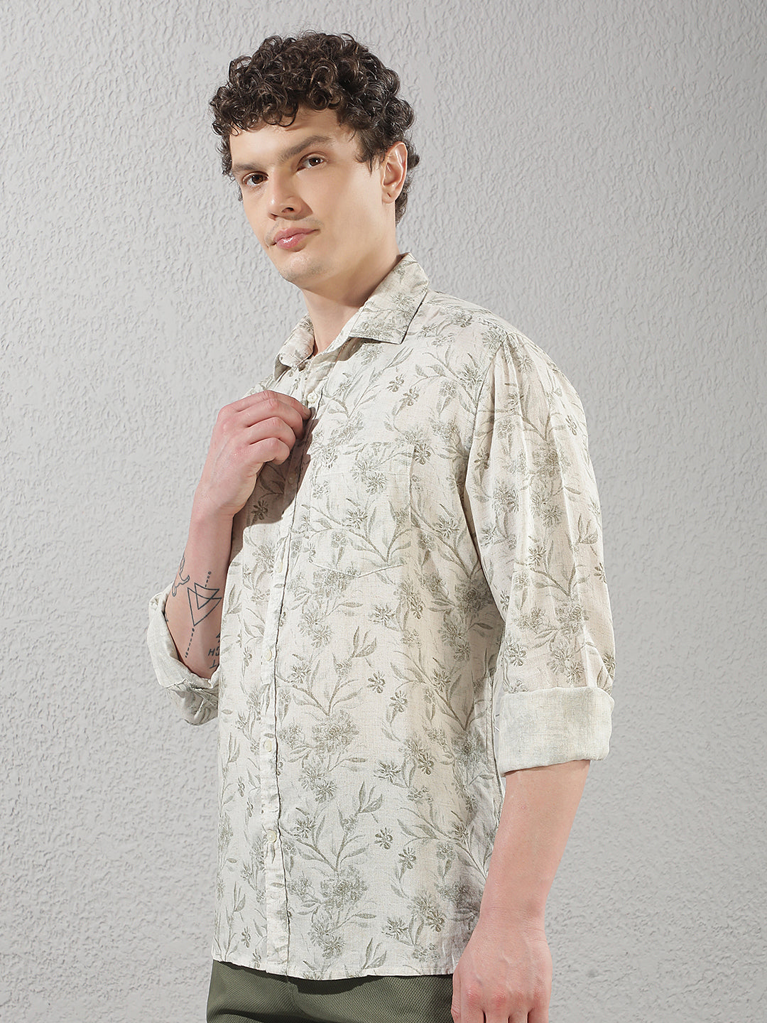Linen Olive Floral Print Shirt