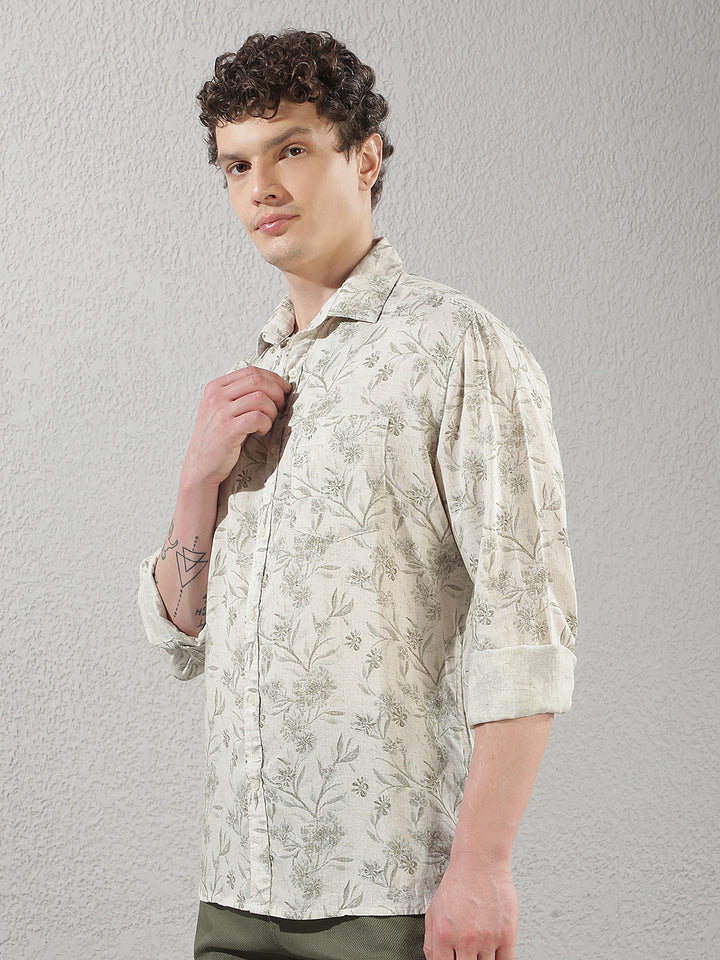 Linen Olive Floral Print Shirt