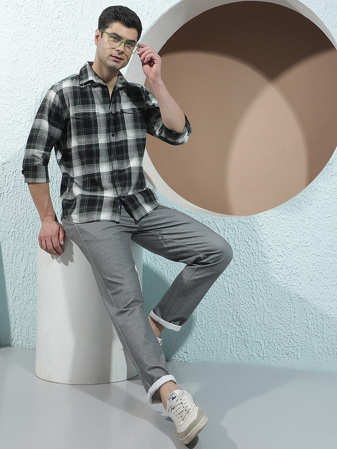 Green Checked 100% Cotton Double Pocket Shirt