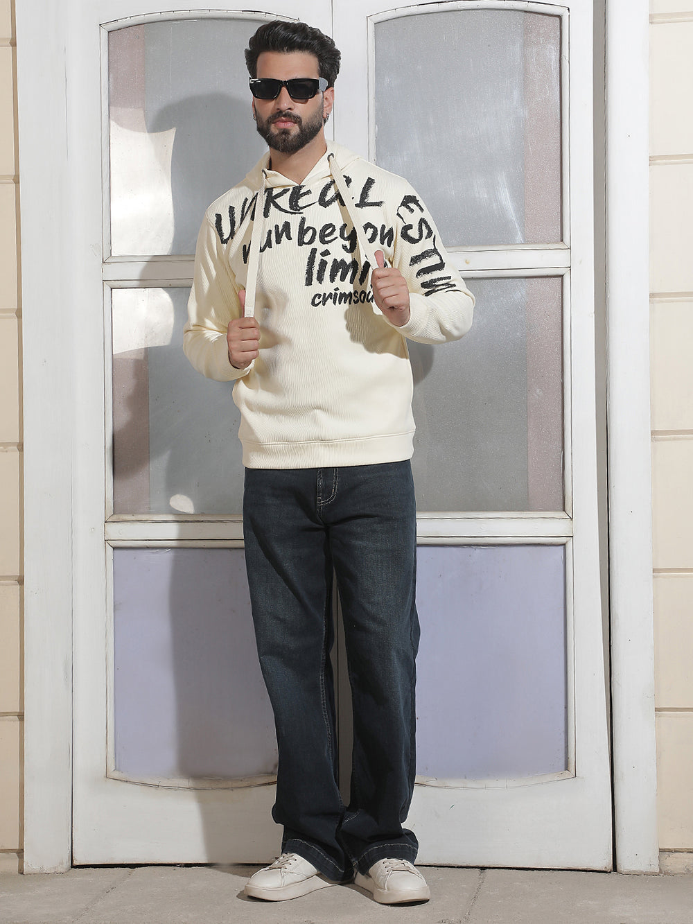 Off White Typographic Print Hooded Neck Sweatshirt
