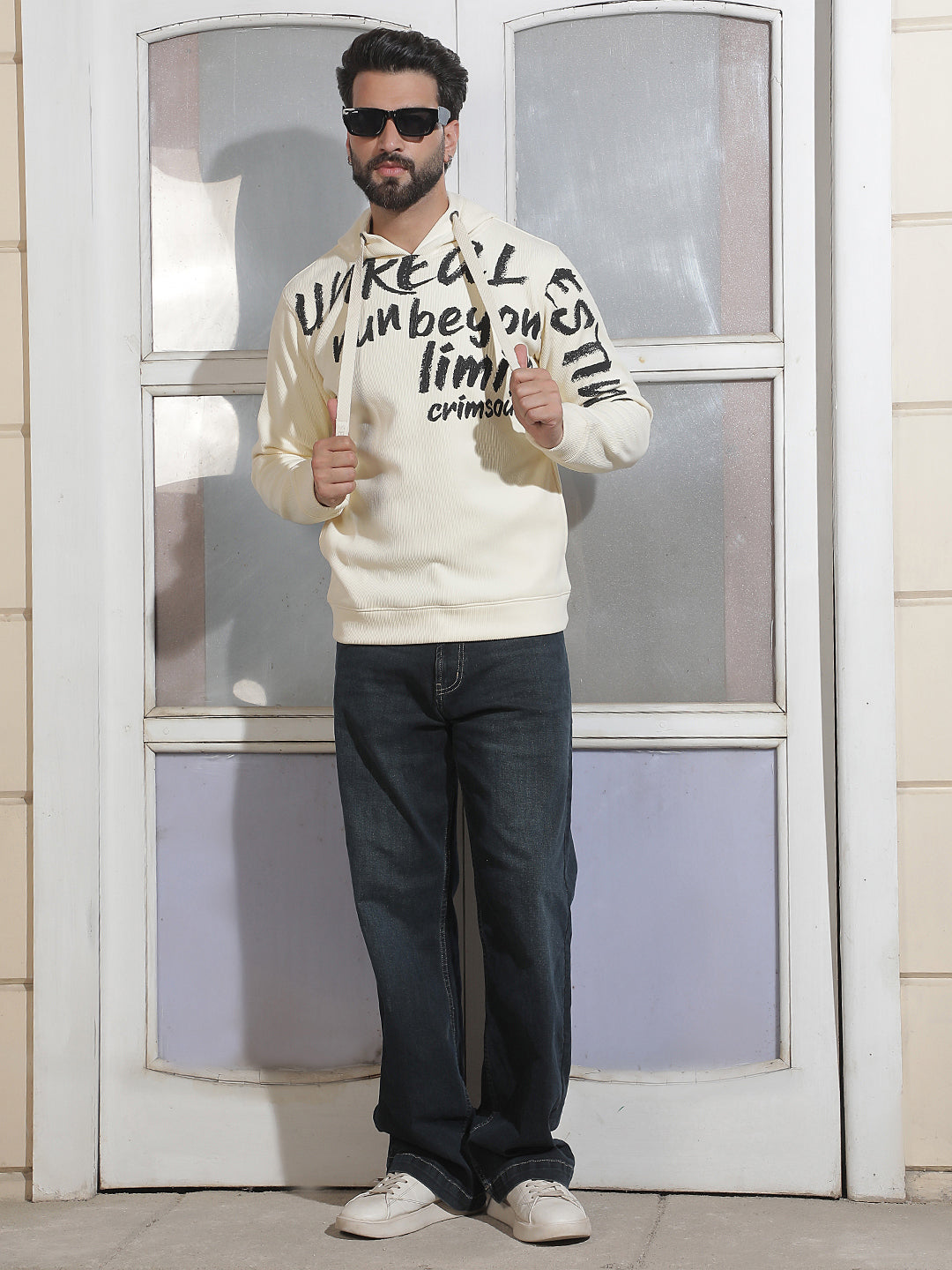 Off White Typographic Print Hooded Neck Sweatshirt