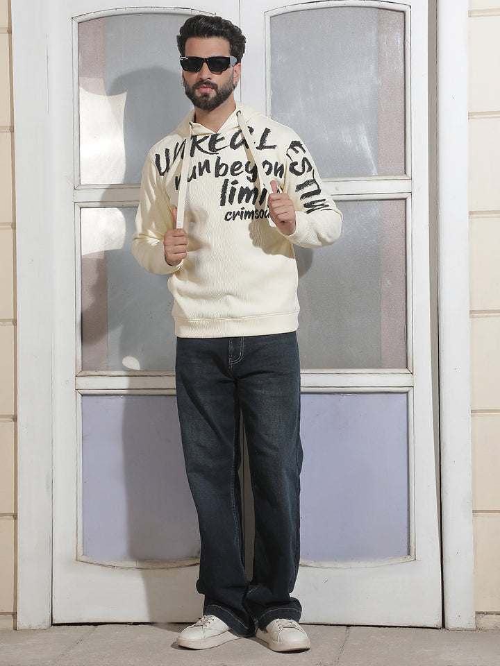 Off White Typographic Print Hooded Neck Sweatshirt