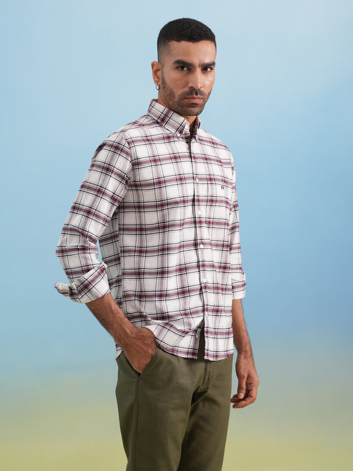 Maroon Checked 100% Cotton Button-Down Collar Shirt