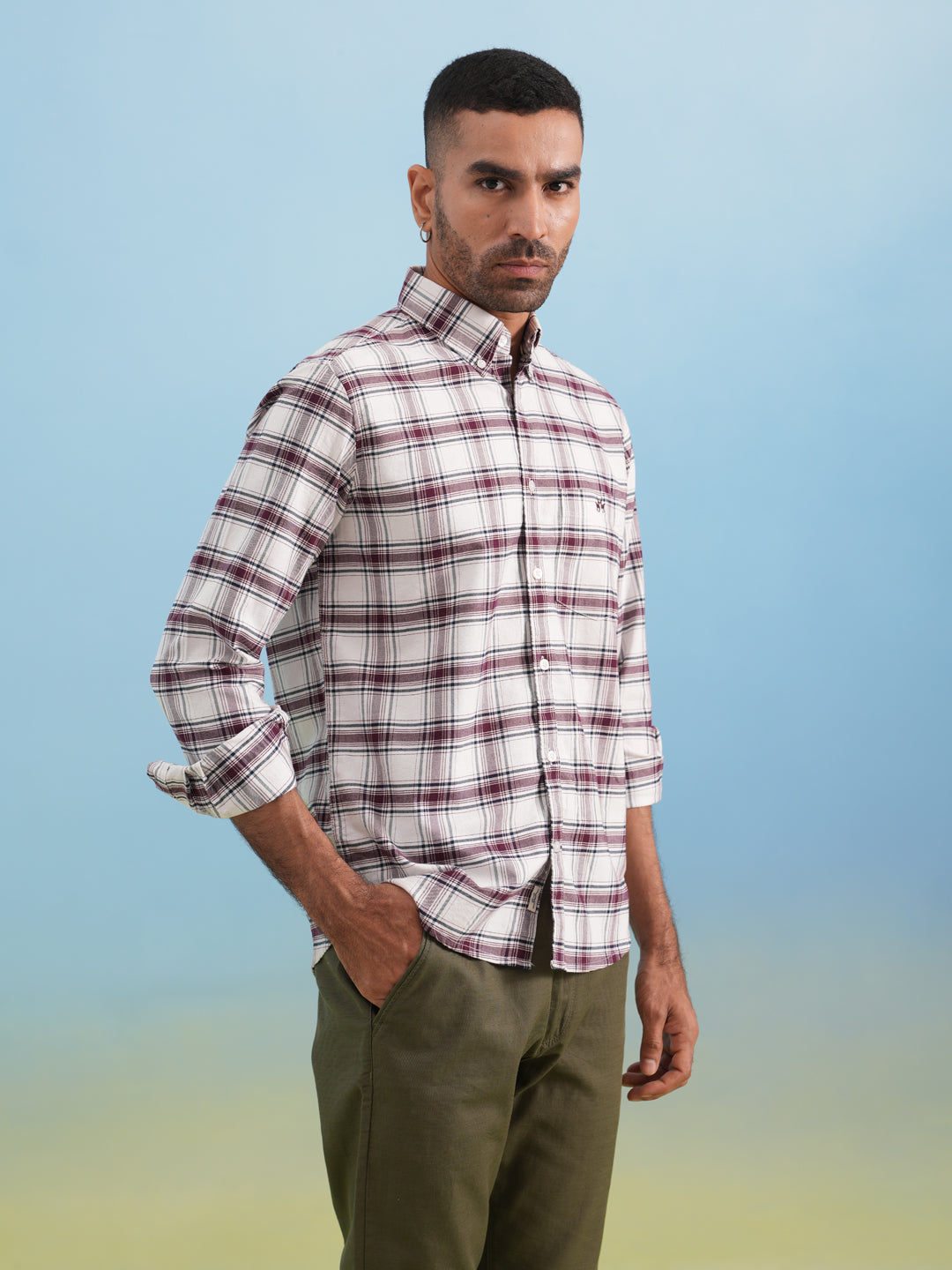 Maroon Checked 100% Cotton Button-Down Collar Shirt