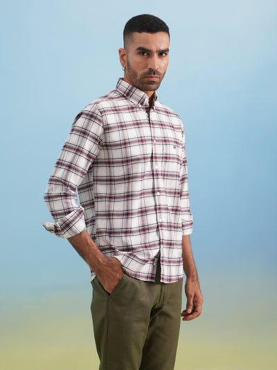 Maroon Checked 100% Cotton Button-Down Collar Shirt