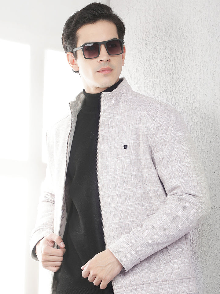Beige Checked High Neck Tailored Jacket