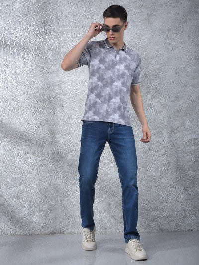Grey Abstract Print Polo Neck T-Shirt