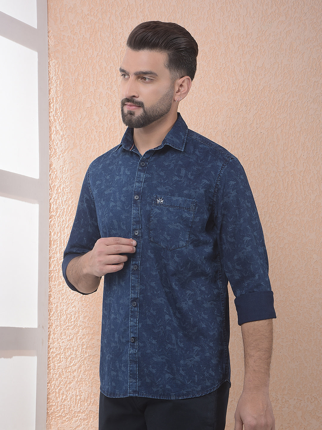Navy Blue Printed 100% Cotton Shirt
