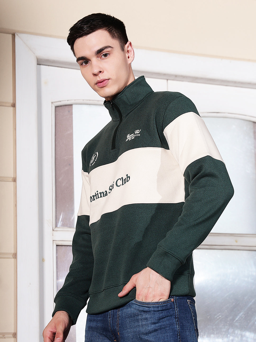 Green Color-Block High Neck Sweatshirt