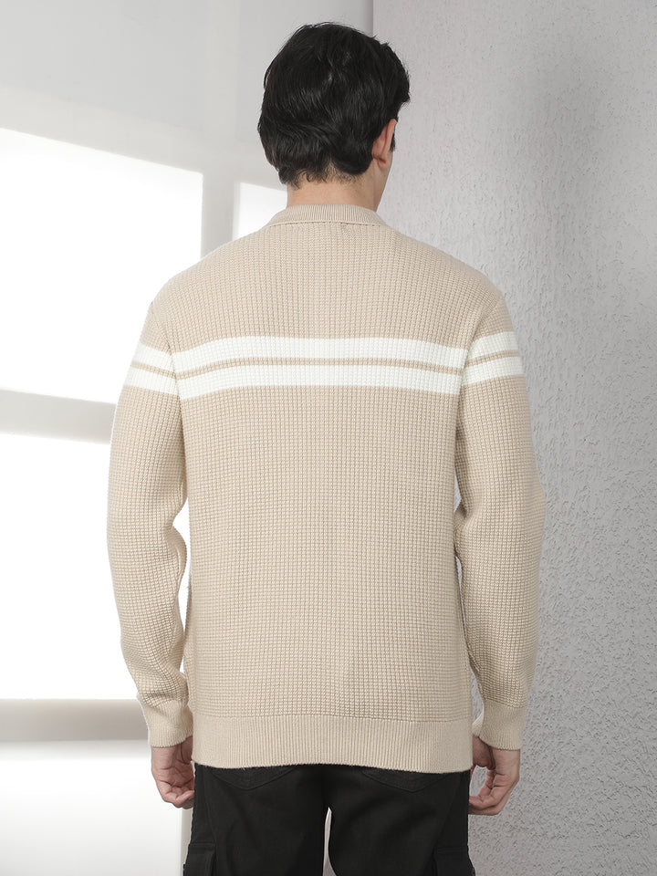 Beige Jacquard Polo Neck Acrylic Sweater