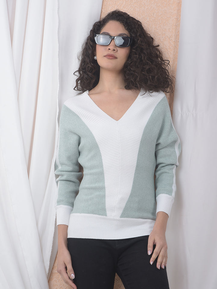 Colorblocked V-Neck Green Sweater
