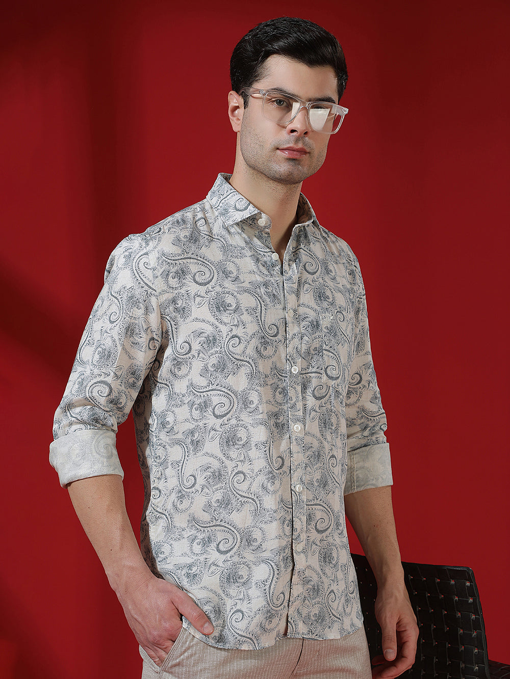 Blue Floral Print Linen Kurta
