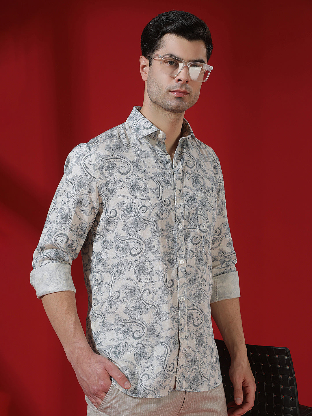 Blue Floral Print Linen Kurta