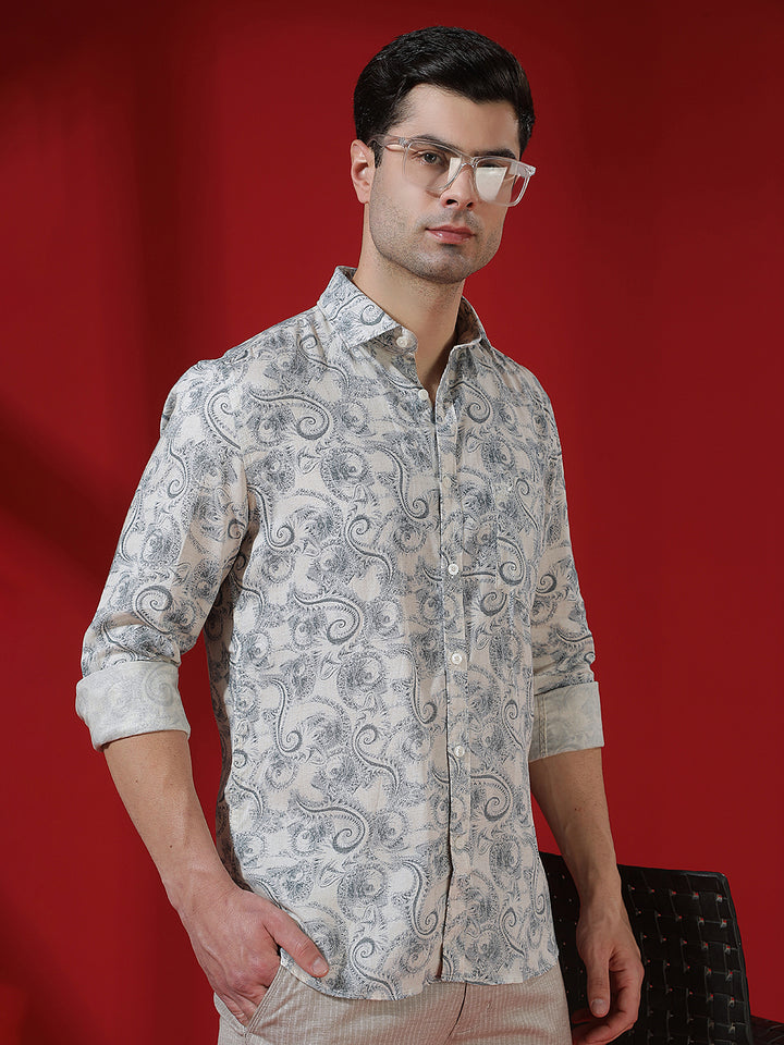 Blue Floral Print Linen Kurta