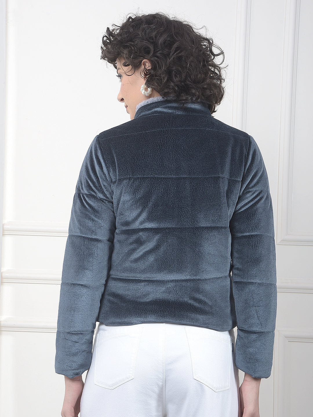 Blue High Neck Cropped Jacket