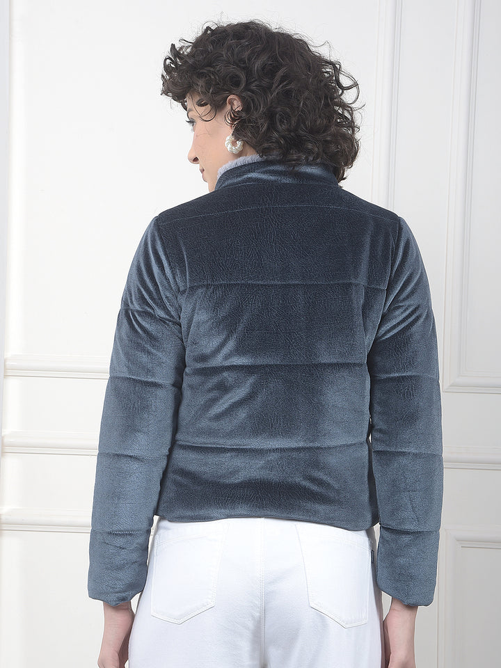 Blue High Neck Cropped Jacket