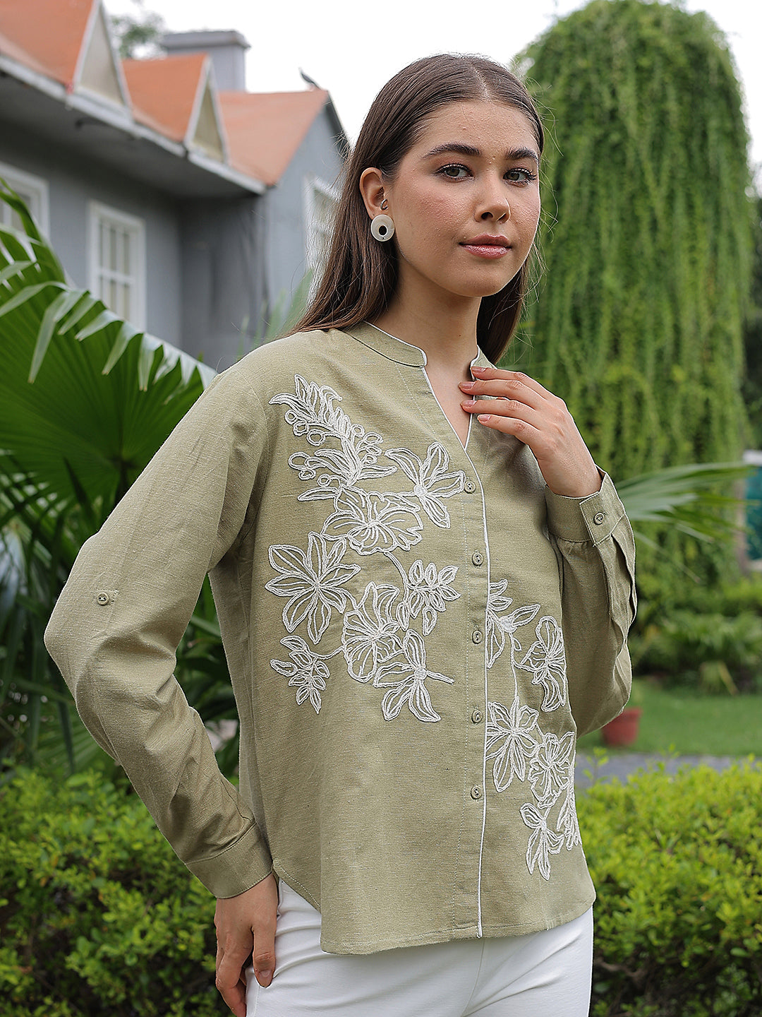 Olive Floral Embroidered V-Neck Shirt