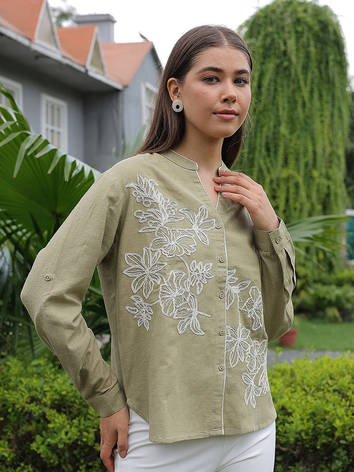 Olive Floral Embroidered V-Neck Shirt