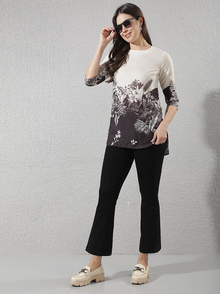 Off White Floral Print Longline Top