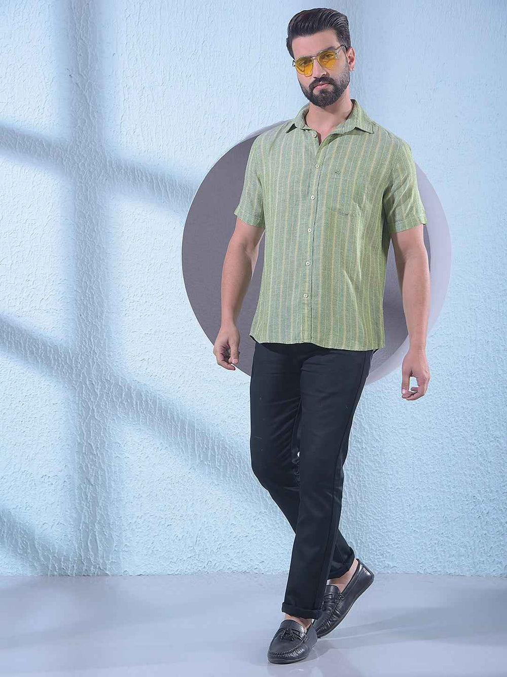 Green Vertical Striped Linen Shirt