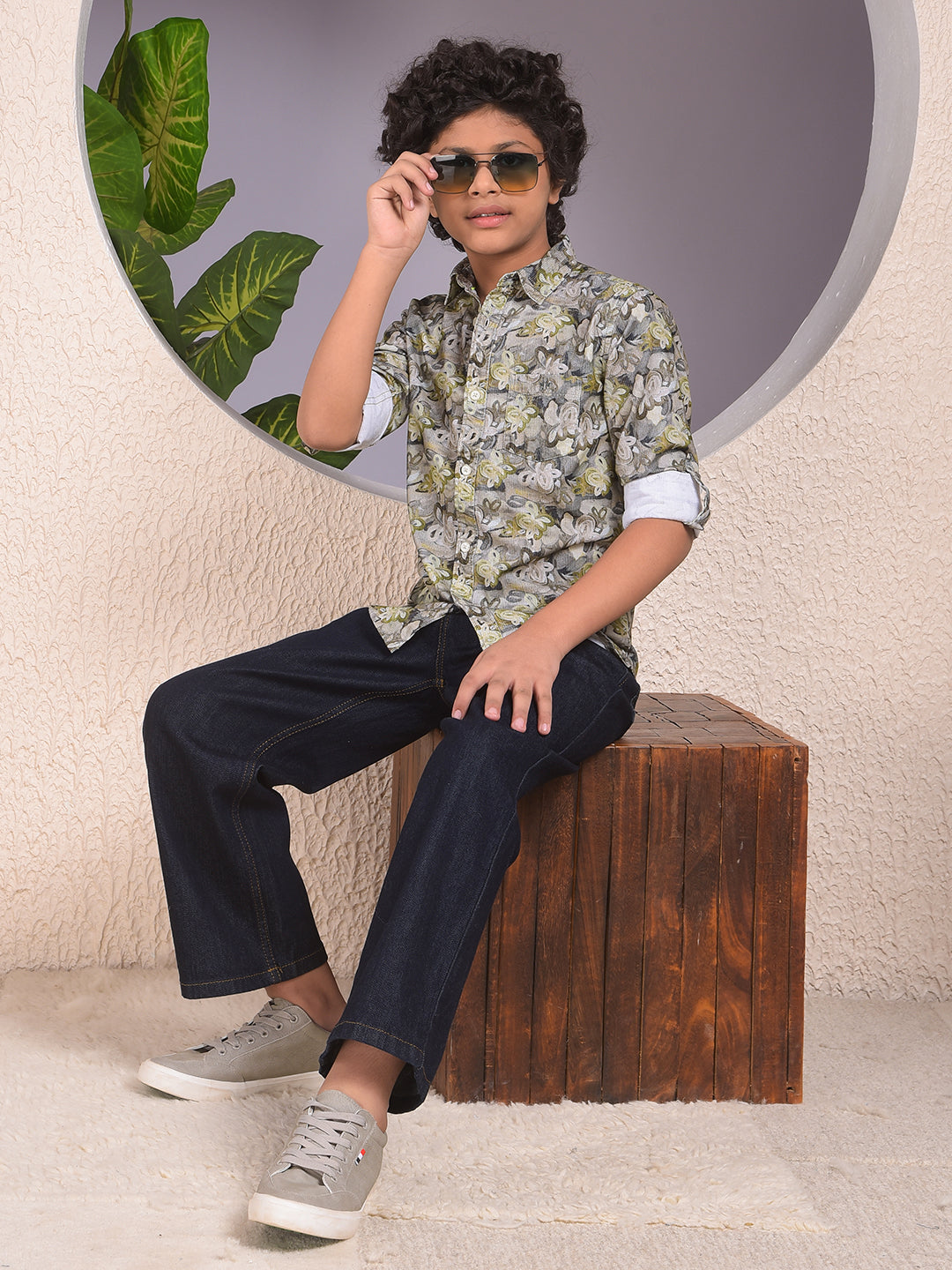 Green Floral Print 100% Cotton Corduory Shirt