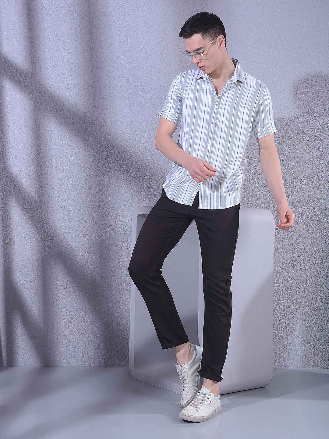 Green 100% Cotton Vertical Stripes Shirt