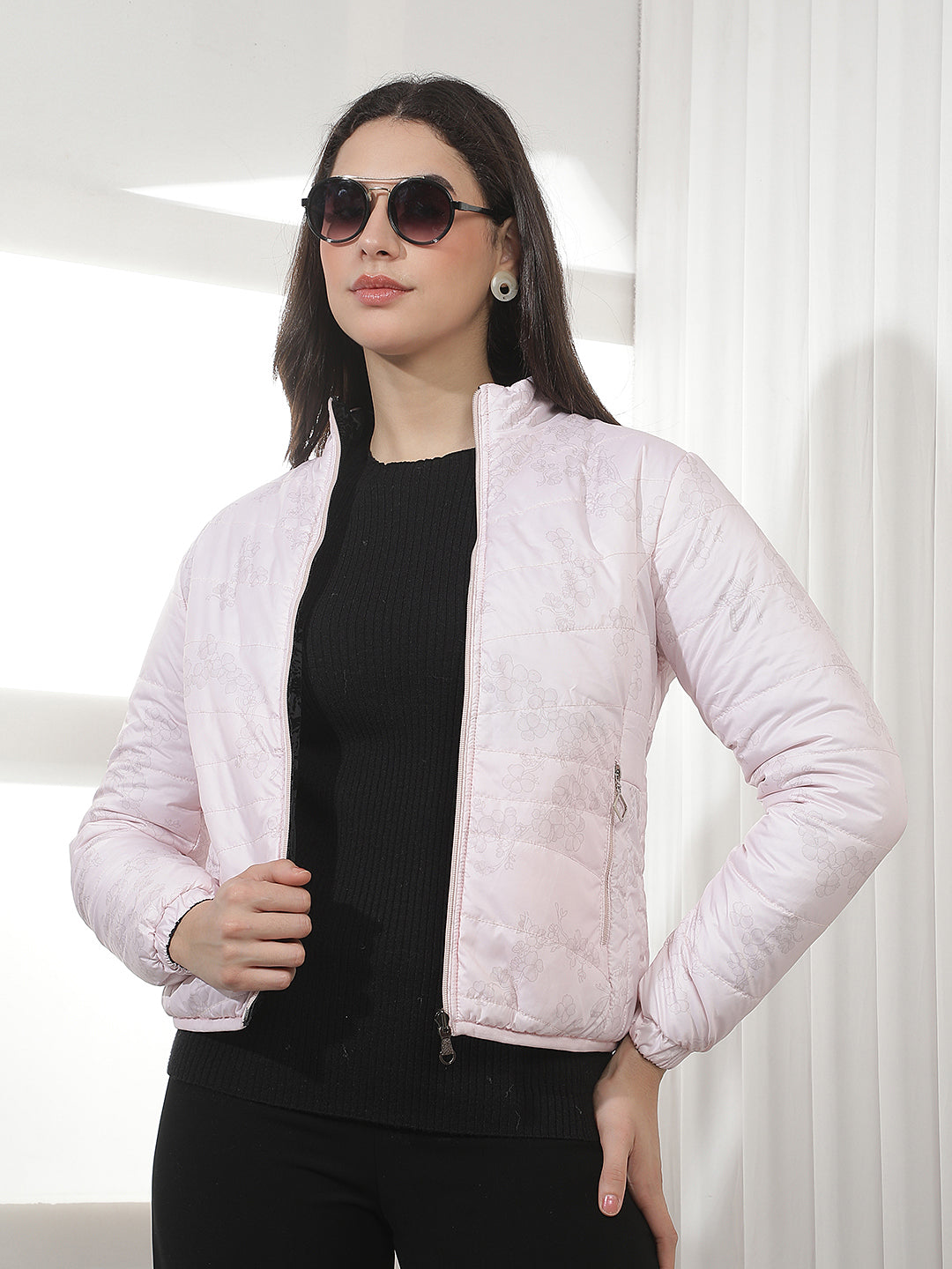 Pink Floral Print Waist Length Reversible Jacket