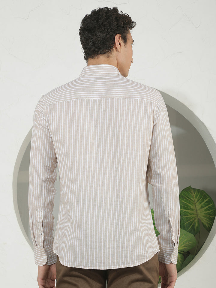 Tan Vertical Stripes Linen Shirt