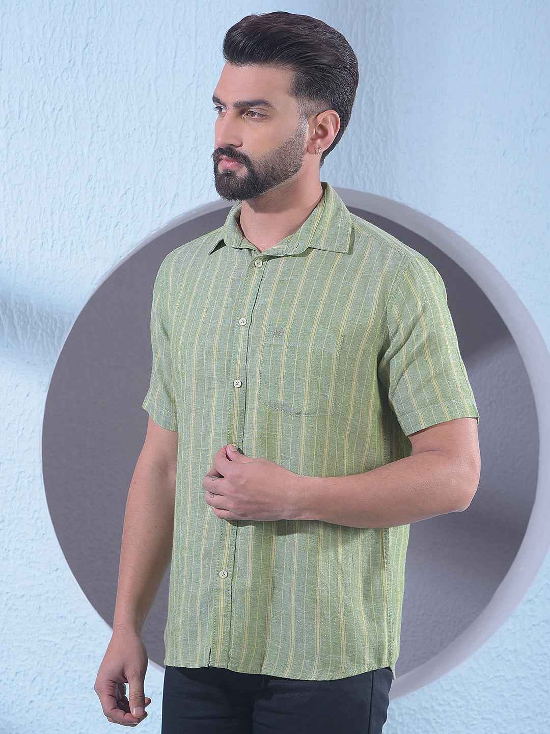 Green Vertical Striped Linen Shirt