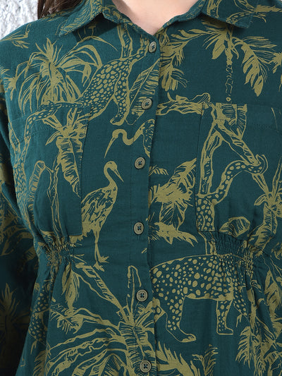 Green Floral Print 100% Cotton Mini Shirt-Dress