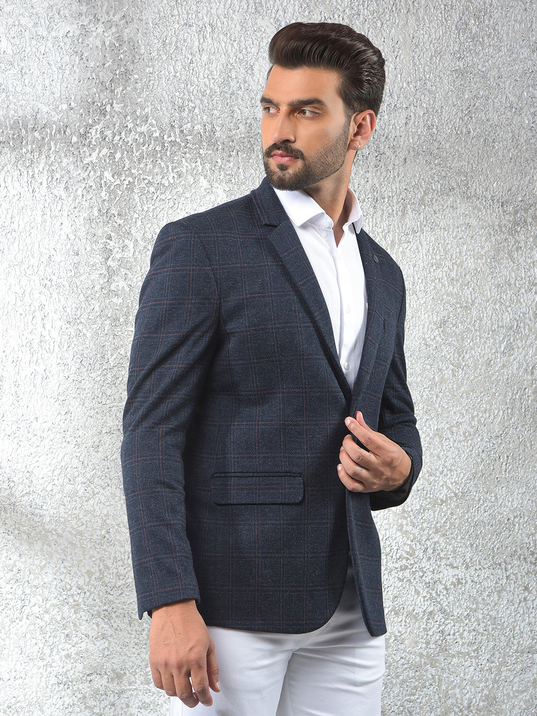 Navy Blue Checked Notched Lapel Single-Breasted Blazer