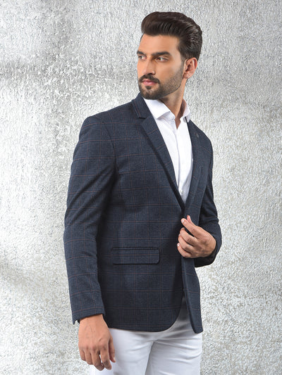 Navy Blue Checked Notched Lapel Single-Breasted Blazer