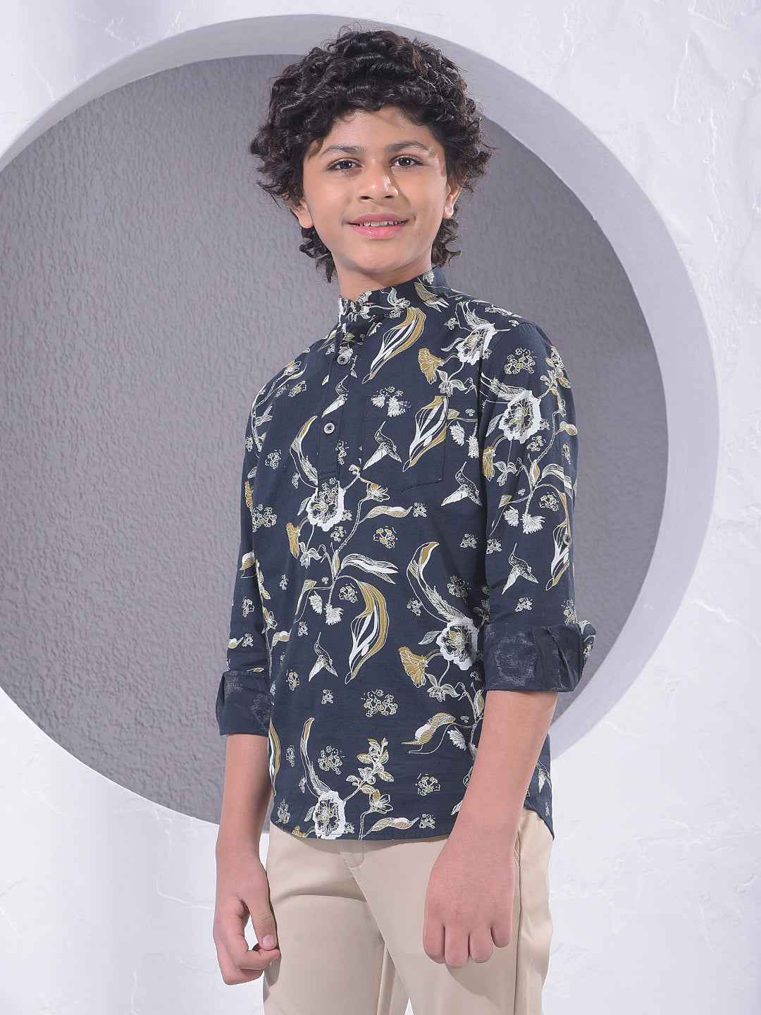 Navy Blue Floral Print Kurta
