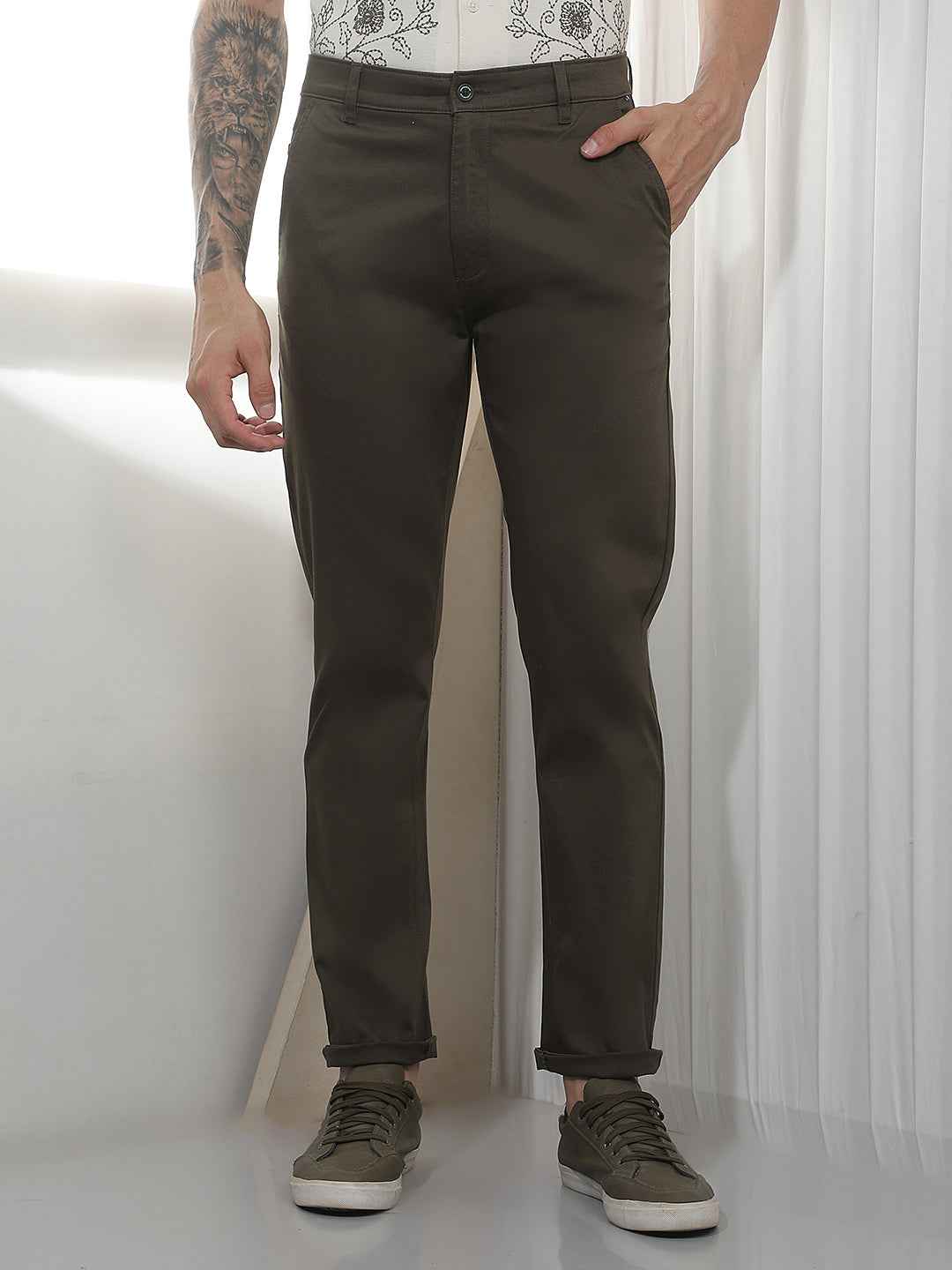 Olive Dobby Cotton Trousers