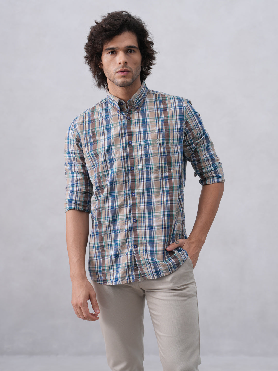 Brown Checked 100% Cotton Button-Down Collar Shirt