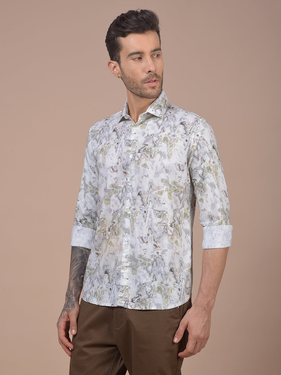 Green Abstract Print Linen Shirt